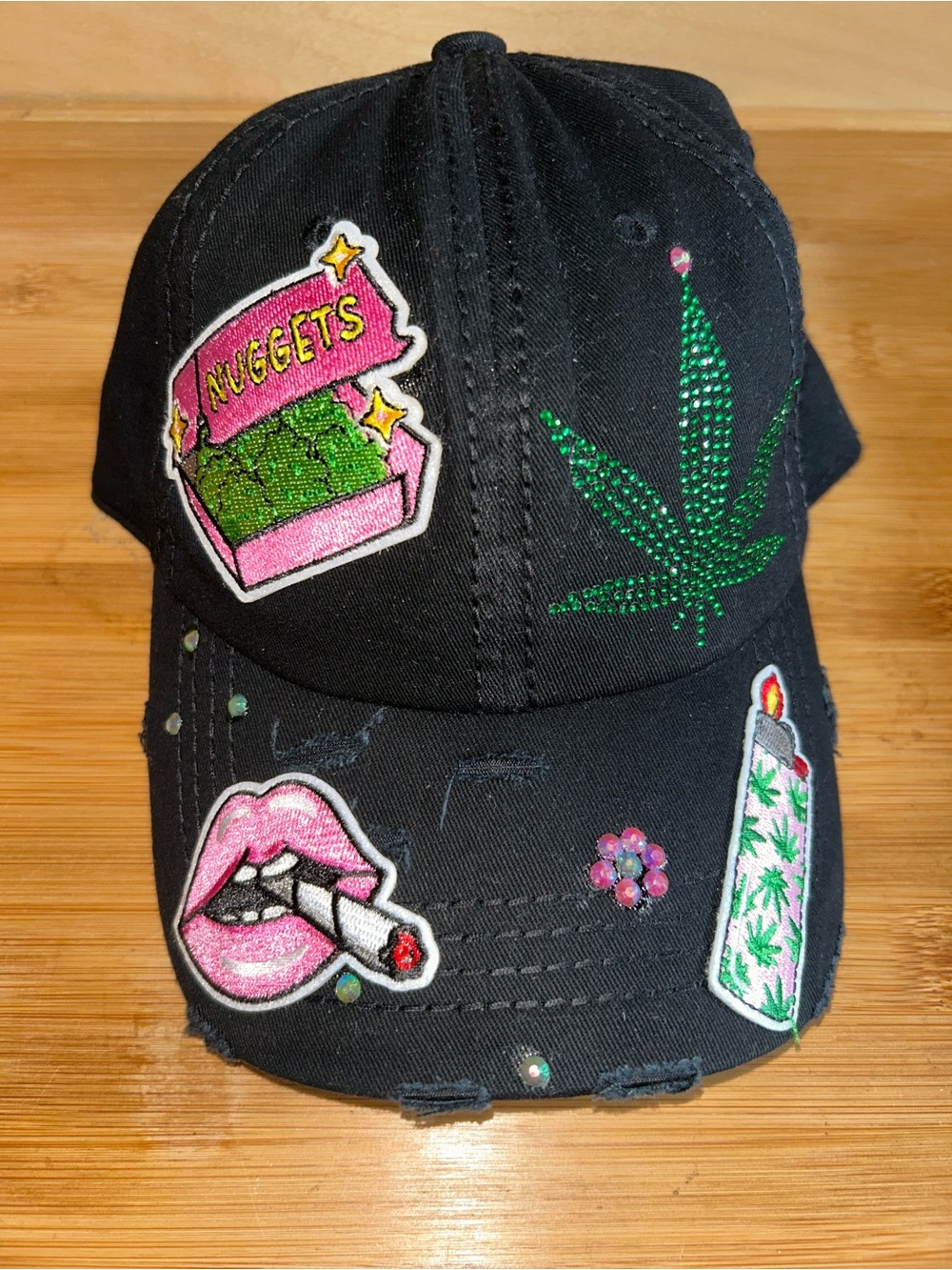 Customized Black Embellished Patch Baseball Cap with Pink & Green Accents